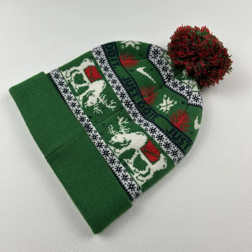 Nike Christmas Pom Beanie Hat Green Reindeer Just Do It Cuffed One Size NWT